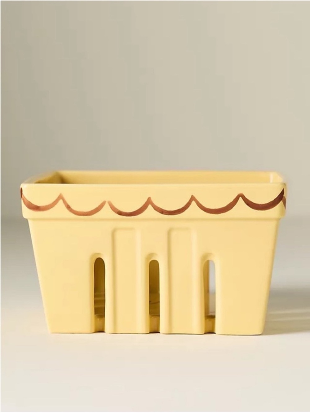 Anthropologie Berry Basket with Brown Scallop Trim Yellow Stoneware